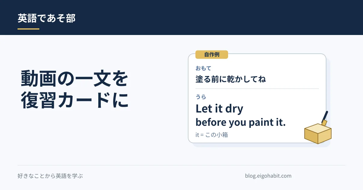 小箱を塗る前の場面とLet it dry before you paint it.を表裏に分けた自作の復習カード